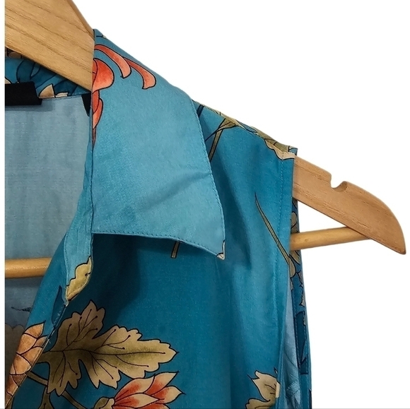 Silk floral teal wrap sleeveless collard top size small - Picture 6 of 11